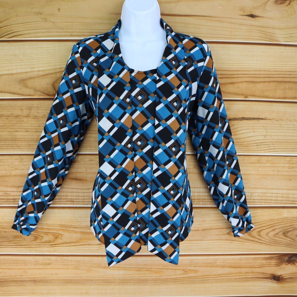 Nine West Blouse Layered Front Womens Size XS‎ Multicolor Geometric Long Sleeve